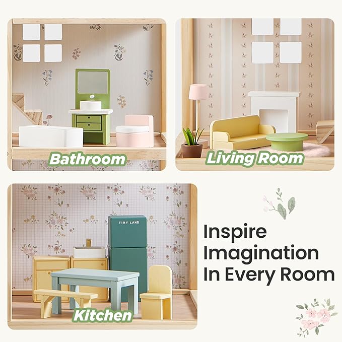 Tiny Land Wooden Dollhouse for Girls - 6 Rooms Wooden Doll House, DIY Pretend Doll House with 31Pcs Furniture Accessories, Creative Gift for Girl Ages 3+, Green