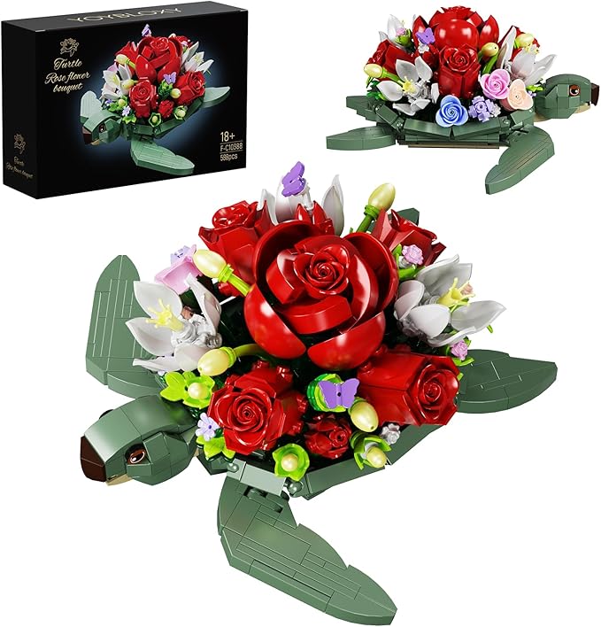 Sea Turtle Rose Bouquet Succulent Planter Building Set, Compatible with Lego Flowers Plants Pot, Creative Plants and Animals Home Decoration Blocks Toy, Gifts for 6+ Girls, Women (588PCS)