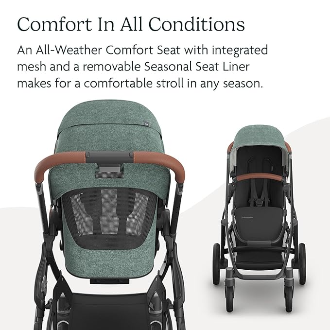 UPPAbaby Vista V3 Stroller - Full-Size Single-to-Double Stroller System - Toddler Seat, Bug Shield, Rain Shield, and Storage Bag Included - Gwen (Green Mélange/Carbon Frame/Saddle Leather)