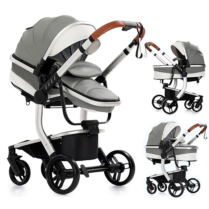 PU Leather 2 in 1 Baby Stroller Convertible Reversible Standard Pram Portable Pushchair Infant Buggy Baby Carriage Foldable High Landscape Pram for Toddler Newborn (2US518-Grey)