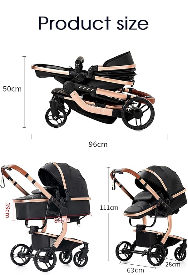 PU Leather 2 in 1 Baby Stroller Convertible Reversible Standard Pram Portable Pushchair Infant Buggy Baby Carriage Foldable High Landscape Pram for Toddler Newborn (2US518-Red)