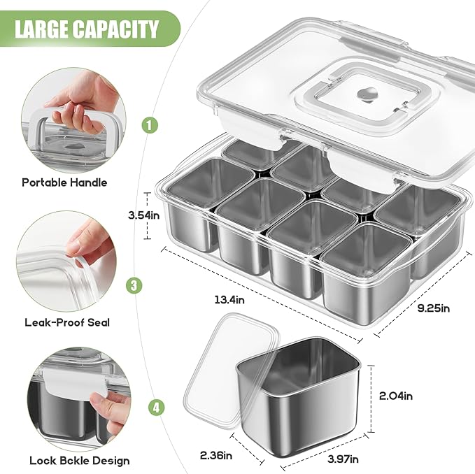 Stainless Steel Snackle Box, 8 Compartment Divided Serving Tray with Lid & Handle, Portable BPA-Free Snack Box for Fruits, Nuts & Veggies, Keep Food Fresh & Organized, Ideal for Travel,Picnic & Beach