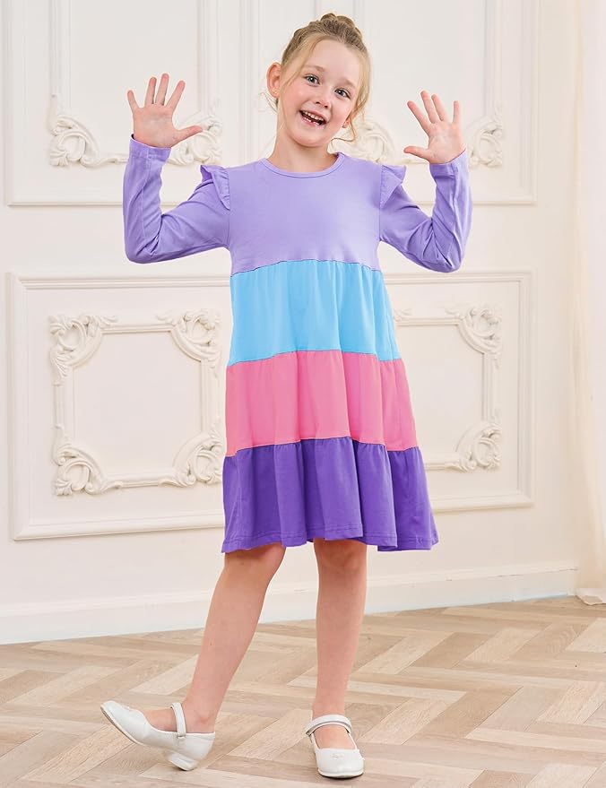 Bumeex Girl's Dresses Cotton Ruffle Sleeve Tiered Swing A-Line Cute Midi Casual Sundress