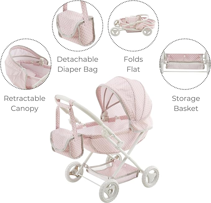 Olivia's Little World Polka Dot Princess Baby Doll Pram Stroller with Retractable Canopy & Storage, Pink