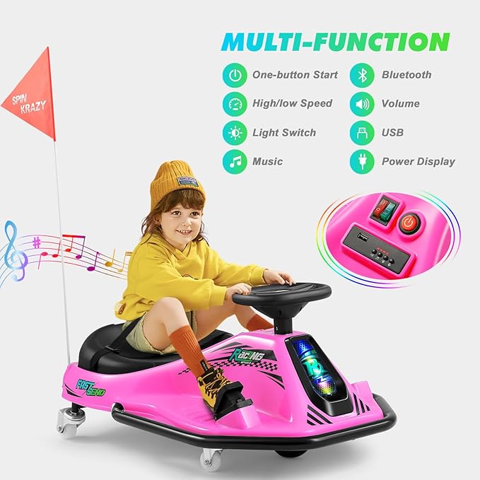 360 Degrees Rotating Ride On Drift Car and 2 Replacement Universal Wheels, 24V Electric Drifting Go Kart for Kids W/Brushless Motor, High/Low Speed, Flashing Lights, Flag, Music, Bluetooth, Pink