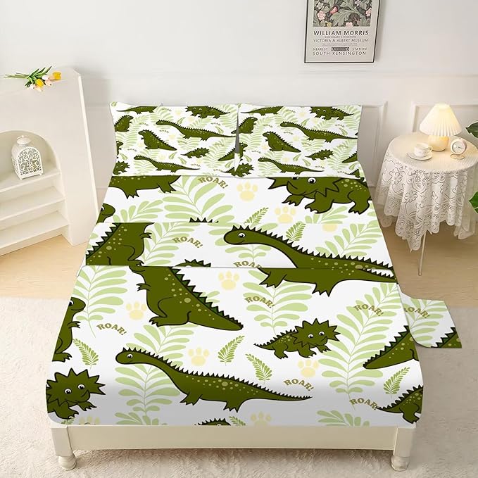 Dinosaur Sheets Set Full/Queen for Kids Cartoon Dinosaur Bedding Set for Boys Girls Room Decor Cute Dino Bed Set with 1 Flat Sheet 1 Fitted Sheet and 2 Pillowcases