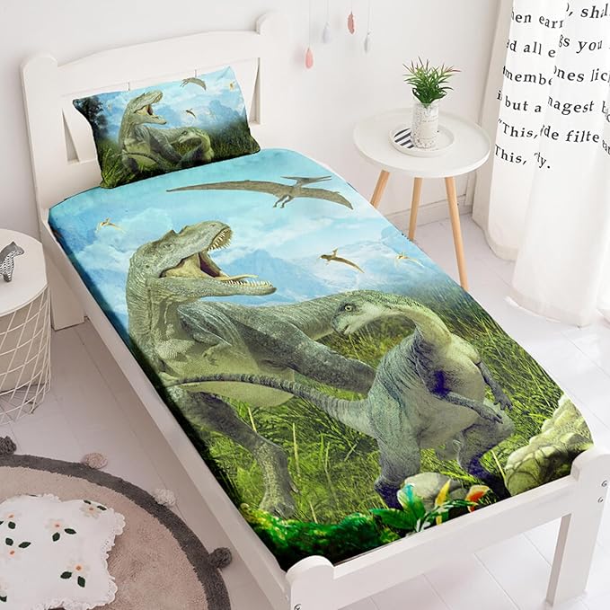 Dinosaurs Twin Bed Sheet Set, 3D Realistic Ancient Jungle Dinosaur Fitted Sheet, Soft Microfiber Bedding Sheets (Green)