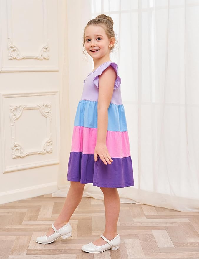 Bumeex Girl's Dresses Cotton Ruffle Sleeve Tiered Swing A-Line Cute Midi Casual Sundress