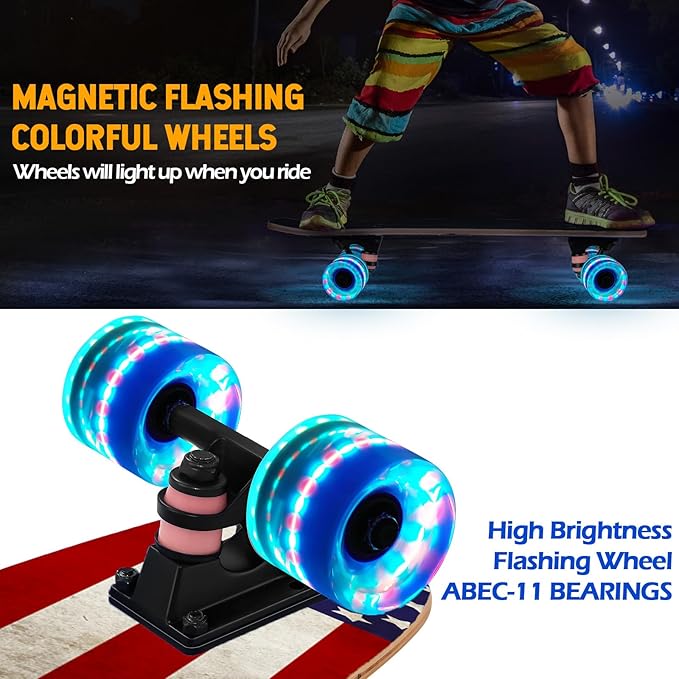 Skateboards with Colorful Flashing Wheels for Beginners,Kids,Teens,Adults, Complete Standard Skate Boards 9 Layer Canadian Maple Deck Concave Skateboard