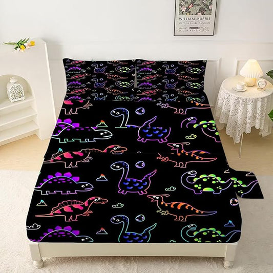Kids Colorful Dinosaur Sheets Queen Cute Dionsaur Bedding Set for Boys and Girls 4 Pcs Kids Sheets Queen with 1 Fitted Sheet, 1 Flat Sheet and 2 Pillowcases