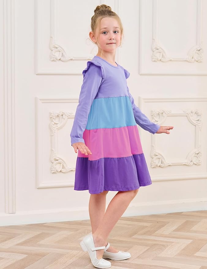 Bumeex Girl's Dresses Cotton Ruffle Sleeve Tiered Swing A-Line Cute Midi Casual Sundress
