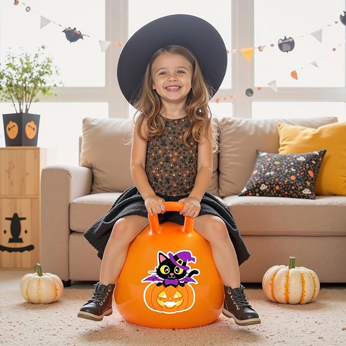 PlayZap Hopper Balls for Kids 3-8, Halloween Toys Orange 18 Inches Bouncy Ball with Handle, Pumpkin Inflatable Bouncing Jumping, Hippity Hop Toys Girls Boys Gifts