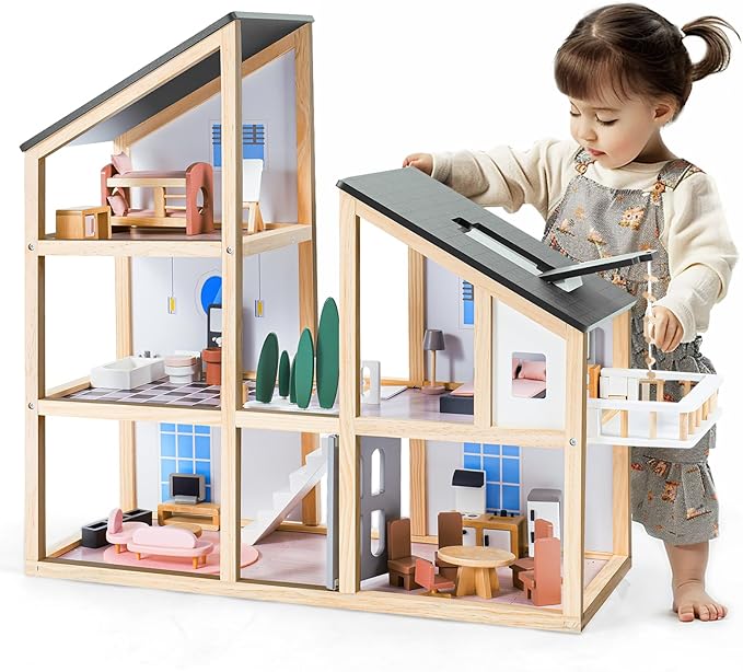 Large Wooden Doll House for Kids Ages 3+, Sturdy Modern Family Dollhouse Kit with Realistic Furniture Design, Educational Wooden Toy House for Toddlers Early Learning & Creative Play