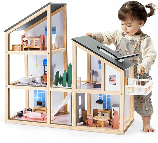 Large Wooden Doll House for Kids Ages 3+, Sturdy Modern Family Dollhouse Kit with Realistic Furniture Design, Educational Wooden Toy House for Toddlers Early Learning & Creative Play
