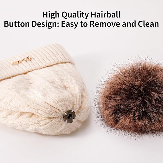 Winter Hat Scarf Gloves Set for Women, Classic Cable Beanie with Removable Pom Pom Long Scarf Touchscreen Gloves 3 in 1 Set