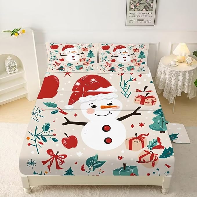 Kids Christmas Sheets Set Queen Cute Snowman Girls Boys Christmas Bedding Set Cartoon Christmas Decoration Soft Christmas Sheet Set with 1 Flat Sheet +1 Fitted Sheet + 2 Pillowcases