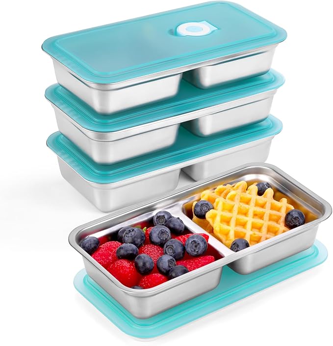 Reusable Snack Containers with Lids, Stainless Steel Snack Containers, Double Compartment Condiment Bowls, Meal Prep Lunch Box, Takeout, Travel and Camping Food Storage (4PCS)