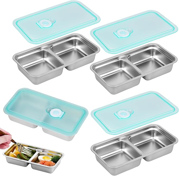 Reusable Snack Containers with Lids, Stainless Steel Snack Containers, Double Compartment Condiment Bowls, Meal Prep Lunch Box, Takeout, Travel and Camping Food Storage (4PCS)