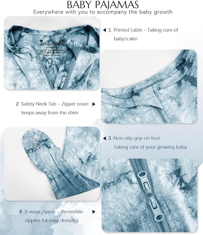 Jimonda Baby Girls Boys Footed Pajamas,Rayon From Bamboo,2 Way Zipper Long Sleeve Soft Sleeper Pjs,Infant Tie-dye Romper