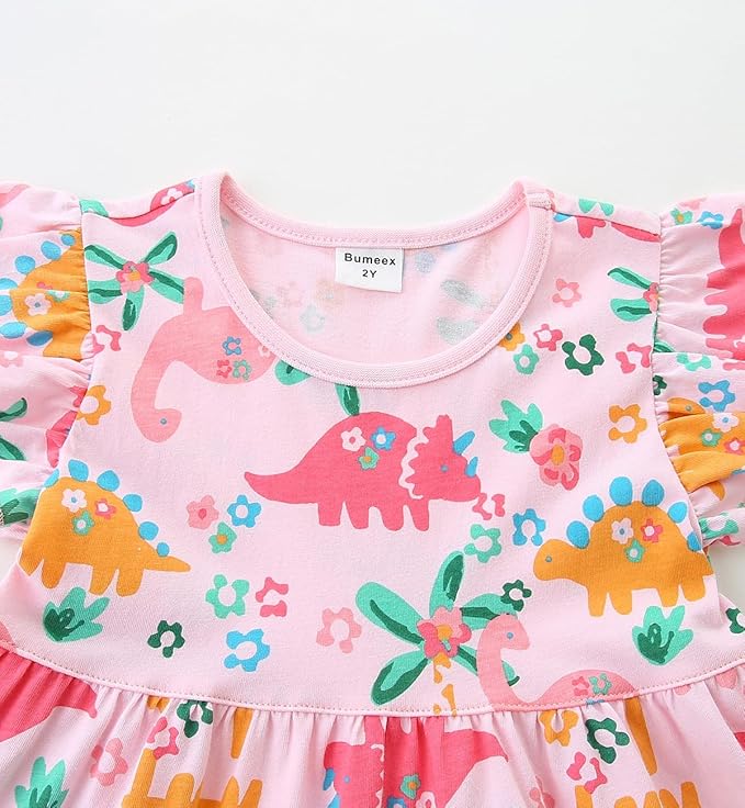 Bumeex Girl's Dresses Cotton Ruffle Sleeve Tiered Swing A-Line Cute Midi Casual Sundress