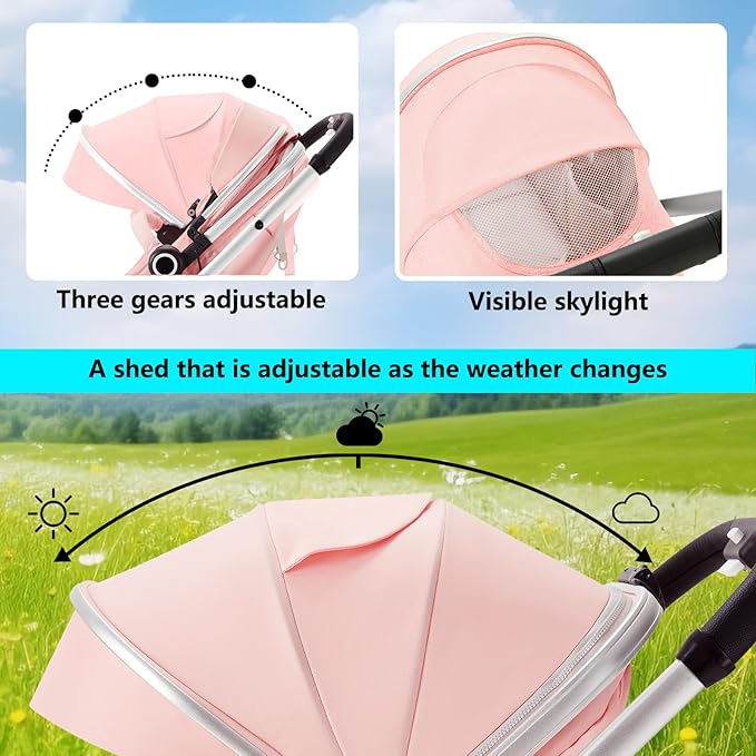 Kinder King 2 in 1 Convertible Baby Stroller, Folding High Landscape Infant Carriage, Newborn Reversible Pram, Adjustable Canopy, Diaper Bag, Pink