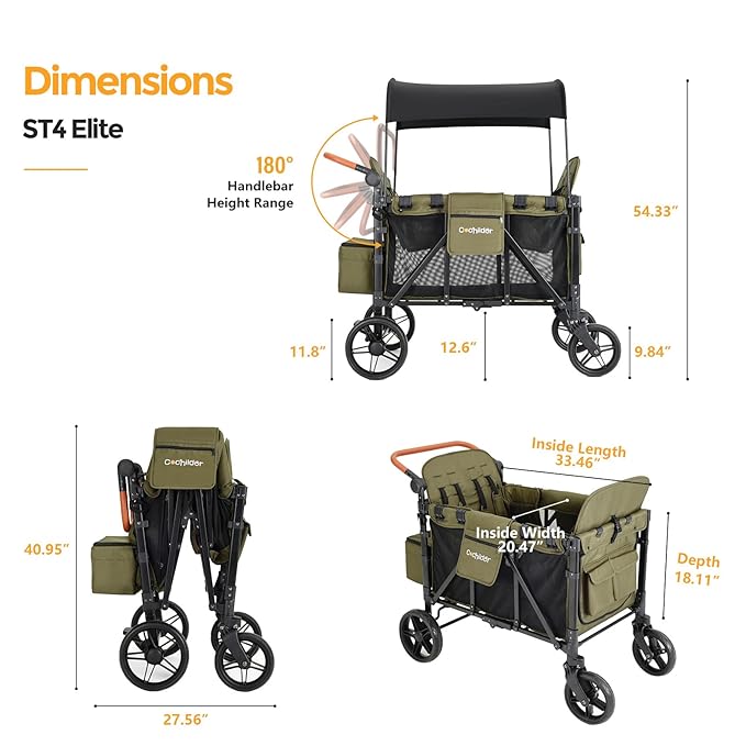 Elite 4-Seater Wagon Stroller for 2-4 Kids, One-Hand Fold, High Seats with 5 Point Harness, Adjustable Handle & Canopy, Green