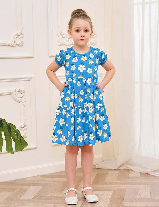Bumeex Girl's Dresses Cotton Ruffle Sleeve Tiered Swing A-Line Cute Midi Casual Sundress