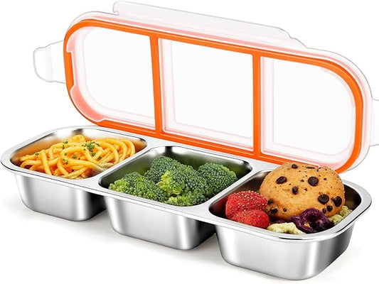 Stainless Steel Snack Containers, Reusable Snack Containers with Lids Stainless Steel Lunch Box with 3 Compartment Divided Food Storage for Home Work Travel Outdoor Camping (Orange 1 Pack)