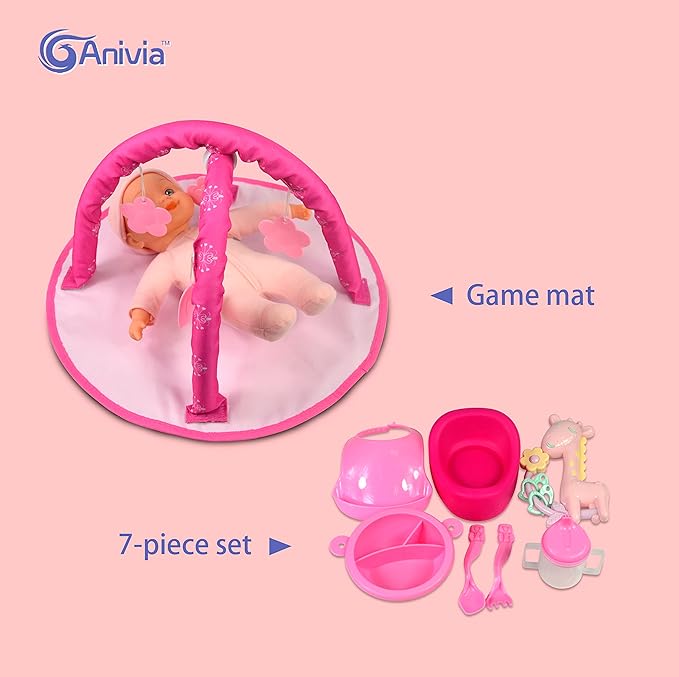 ANIVIA Baby Doll Stroller Set - Includes Stroller, Crib, Play Mat, Feeding Toy, Diaper Bag - Nursery Role Play Set (11" Doll Included)
