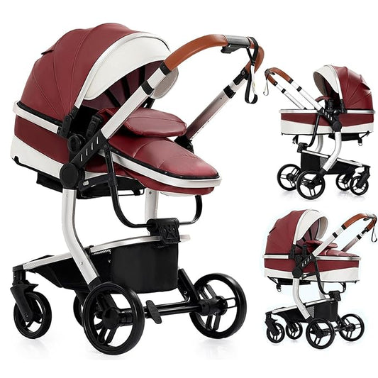 PU Leather 2 in 1 Baby Stroller Convertible Reversible Standard Pram Portable Pushchair Infant Buggy Baby Carriage Foldable High Landscape Pram for Toddler Newborn (2US518-Red)
