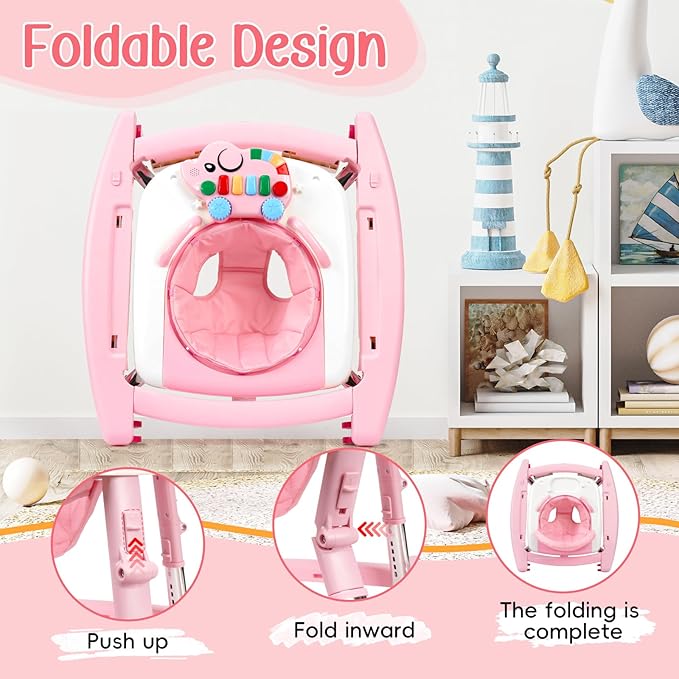 5-in-1 Music and Lights Baby Walker Foldable with 5 Adjustable Heights, Baby Walker with Wheels and Bouncer Combo Portable, Infant Toddler Walker for Baby Boy Girls 6-18 Months