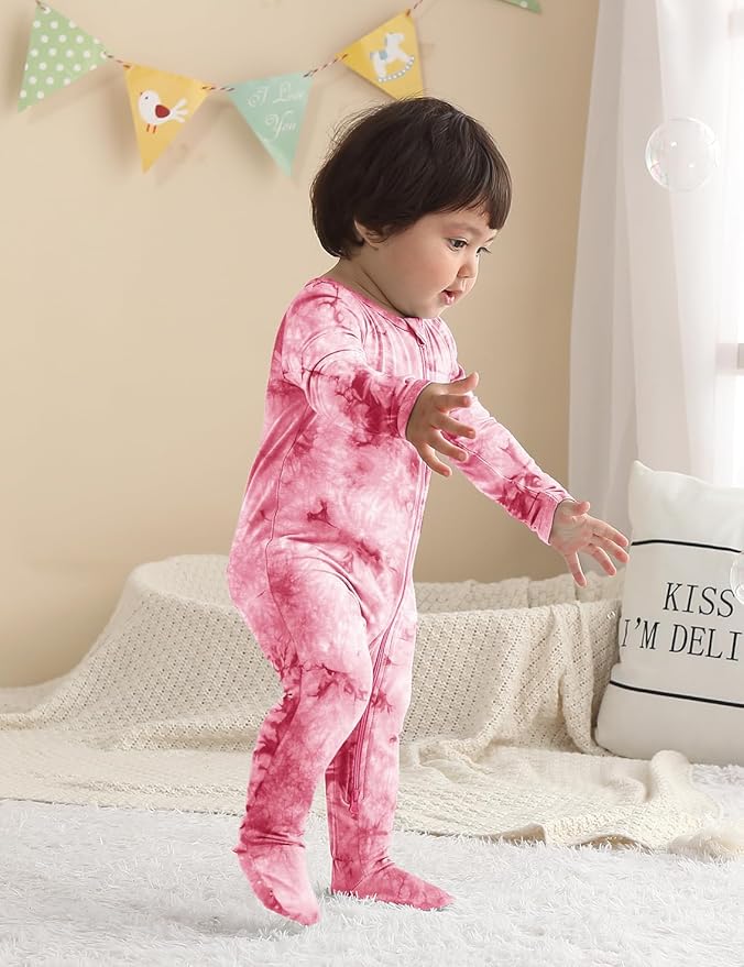 Jimonda Baby Girls Boys Footed Pajamas,Rayon From Bamboo,2 Way Zipper Long Sleeve Soft Sleeper Pjs,Infant Tie-dye Romper