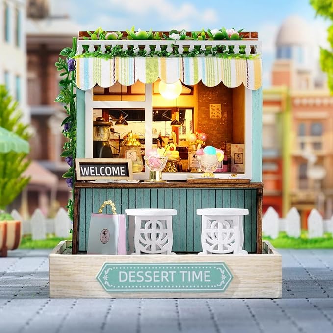 TuKIIE DIY Miniature Dollhouse Kit with Furniture, 1:24 Scale Creative Room Mini Wooden Doll House Plus Dust Proof for Kids Teens Adults(Dessert Time)