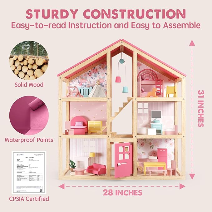Tiny Land Wooden Dollhouse for Girls - 6 Rooms Wooden Doll House, DIY Pretend Doll House with 31Pcs Furniture Accessories, Creative Gift for Girl Ages 3+