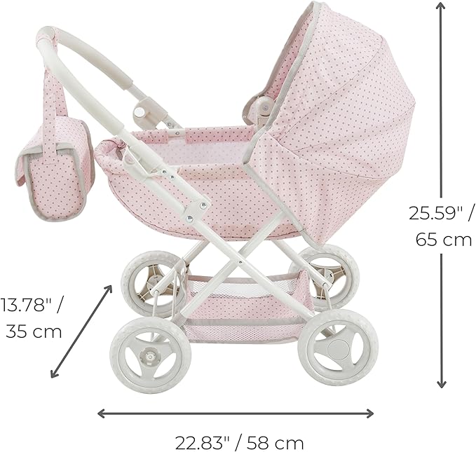 Olivia's Little World Polka Dot Princess Baby Doll Pram Stroller with Retractable Canopy & Storage, Pink