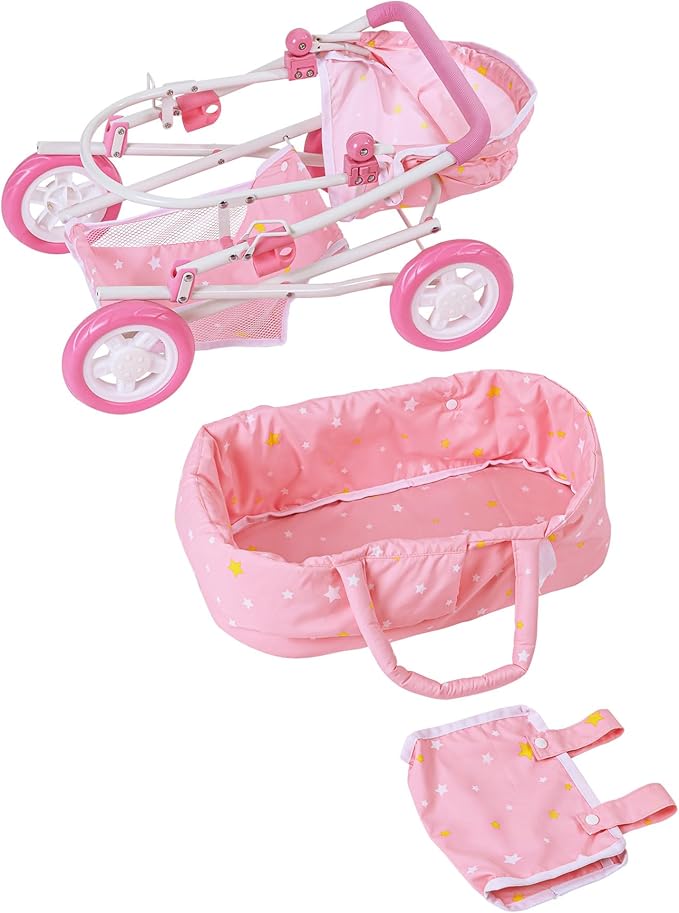 Olivia's Little World - Play Baby Doll Bassinet Stroller, Baby Doll Pram Stroller Buggy for 3 4 5 Year Old Girls, Toy Stroller for Toddlers 1-3, Twinkle Stars Princess Deluxe Toy Stroller - Pink/White