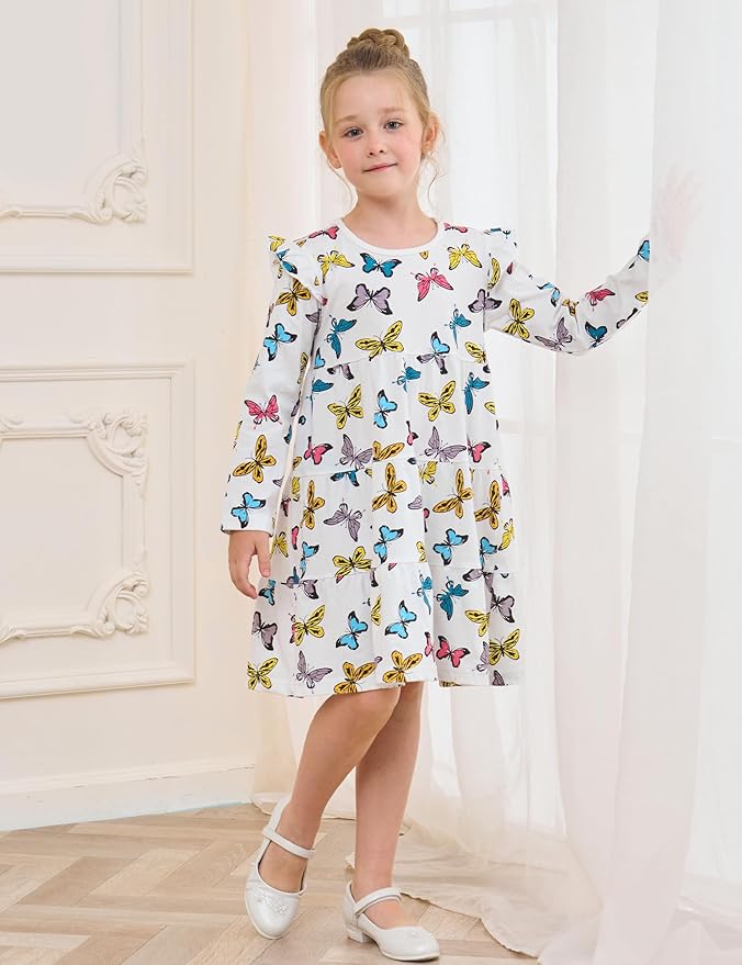 Bumeex Girl's Dresses Cotton Ruffle Sleeve Tiered Swing A-Line Cute Midi Casual Sundress