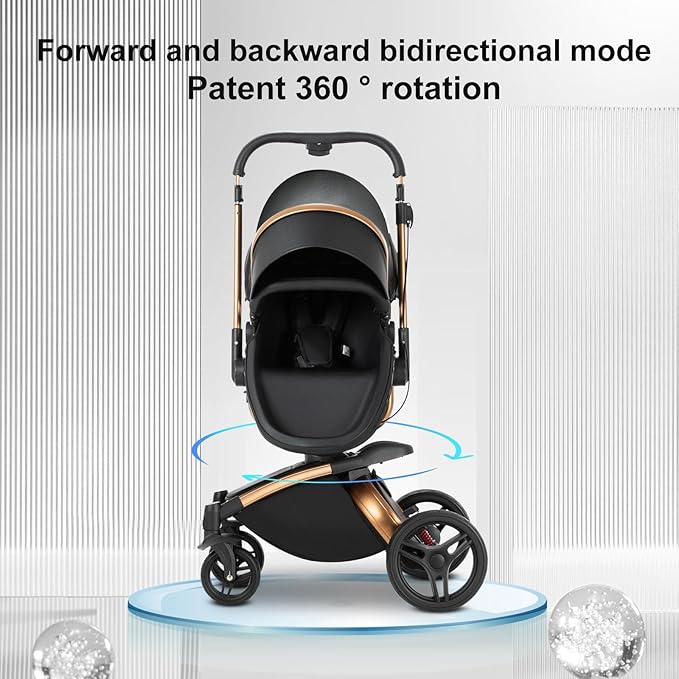 PU Leather 2 in 1 Baby Stroller with 360° Rotatable Seat, Convertible Reversible Standard Baby Pram Portable Pushchair Infant Carriage Foldable High Landscape Pram for Toddler Newborn (HR003-orange)