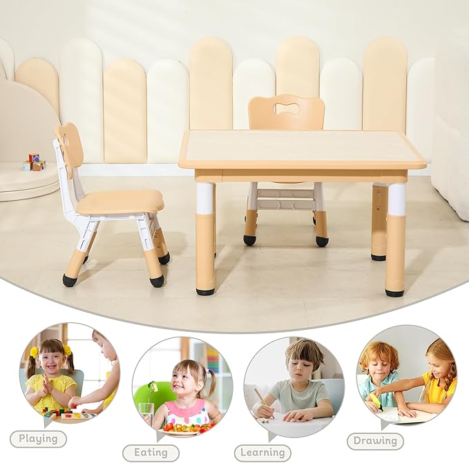 Kids Table and Chairs, Height-Adjustable Toddler Table and Chair Set with 31.5''Lx23.6''W Graffiti Desktop, Table Chair for Ages 3-8, Childrens Table and Chair Set for Daycare with 2 Chairs, Brown