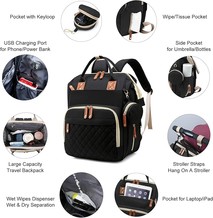 Diaper Bag with Changing Station, Waterproof 3 in 1 Baby Diaper Backpack with Foldable Changing Pad, Large Travel Back Pack for Baby Girl Boy, Baby essentials, Black