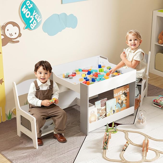 Costzon Kids Table and Chairs, 4 in 1 Wooden Activity Desk Set w/Reversible Tabletop, Bookshelves & Storage Drawers for Drawing, Reading, Crafts, Playing, Toddler Table and Chair Set (Gray)