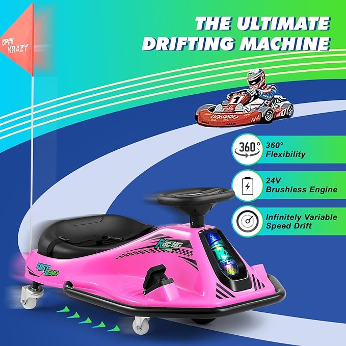 360 Degrees Rotating Ride On Drift Car and 2 Replacement Universal Wheels, 24V Electric Drifting Go Kart for Kids W/Brushless Motor, High/Low Speed, Flashing Lights, Flag, Music, Bluetooth, Pink