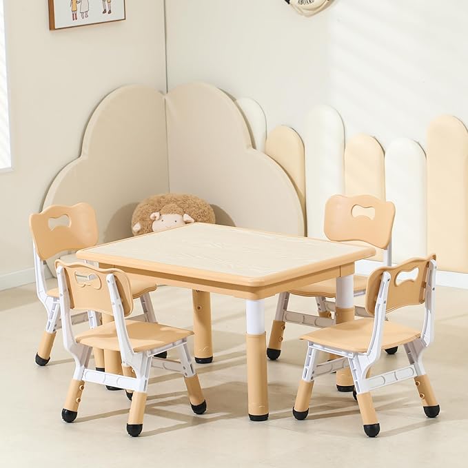Kids Table and Chairs, Height-Adjustable Toddler Table and Chair Set with 31.5''Lx23.6''W Graffiti Desktop, Table Chair for Ages 3-8, Childrens Table and Chair Set for Daycare with 4 Chairs, Brown