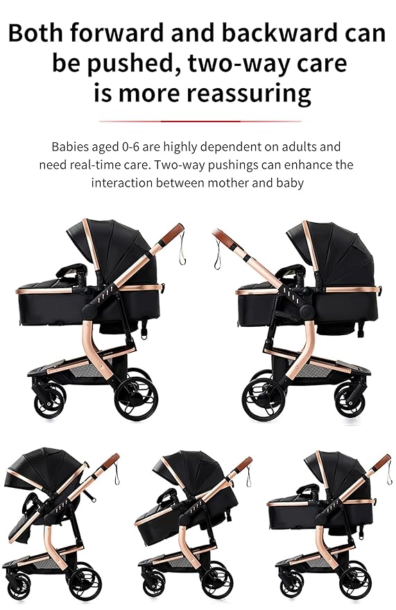 PU Leather 2 in 1 Baby Stroller Convertible Reversible Standard Pram Portable Pushchair Infant Buggy Baby Carriage Foldable High Landscape Pram for Toddler Newborn (2US518-Grey)