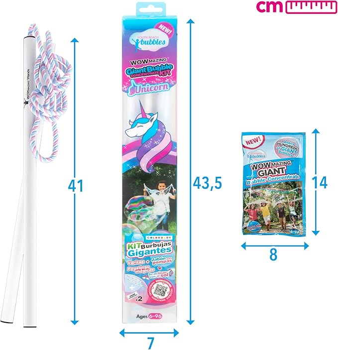 WOWMAZING Giant Bubble Kit: Unicorn - Incl. Wand, 2 Big Bubble Concentrate Pouches and 8 Sun-Activated Magical Stickers | Outdoor Toy for Kids, Girls | Bubbles Made in The USA - Unicorn Kit