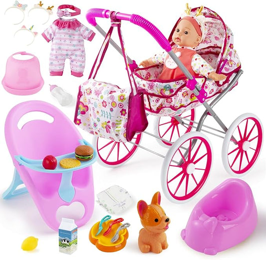 Baby Doll Stroller Toys Set with 12.5" Doll for 3-7, Foldable Stroller, Dining Chair, Accessories & 1 Outfits,Pretend Play Baby Doll Toys for Girls Ages 3-7