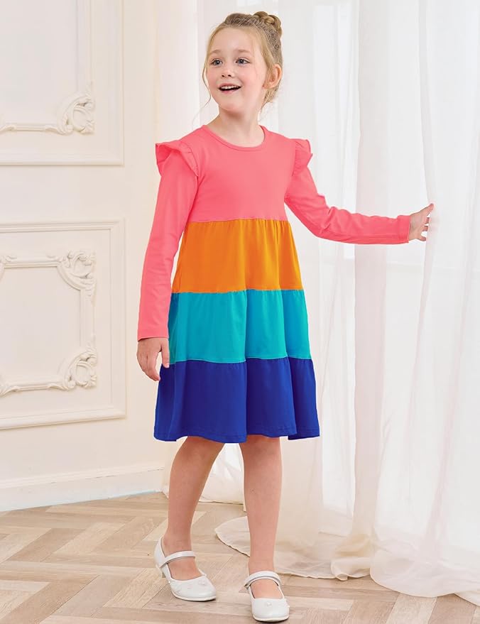 Bumeex Girl's Dresses Cotton Ruffle Sleeve Tiered Swing A-Line Cute Midi Casual Sundress