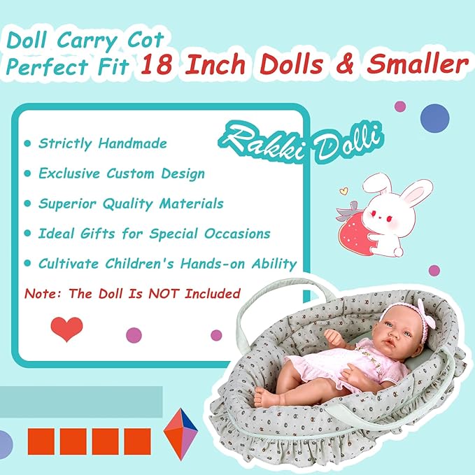 Doll Carry Cot Set, Sweet Dreams Soft Bassinet Doll Carrier Includes 1 Cot and 1 Pillow, Grayish Green Bear Doll Bassinet, Fits for 18 Inch American Girl Dolls