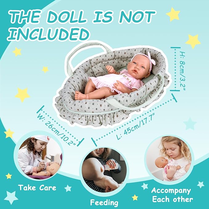 Doll Carry Cot Set, Sweet Dreams Soft Bassinet Doll Carrier Includes 1 Cot and 1 Pillow, Grayish Green Bear Doll Bassinet, Fits for 18 Inch American Girl Dolls