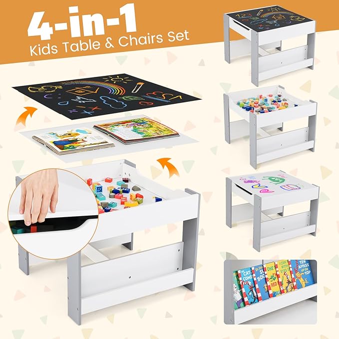 Costzon Kids Table and Chairs, 4 in 1 Wooden Activity Desk Set w/Reversible Tabletop, Bookshelves & Storage Drawers for Drawing, Reading, Crafts, Playing, Toddler Table and Chair Set (Gray)